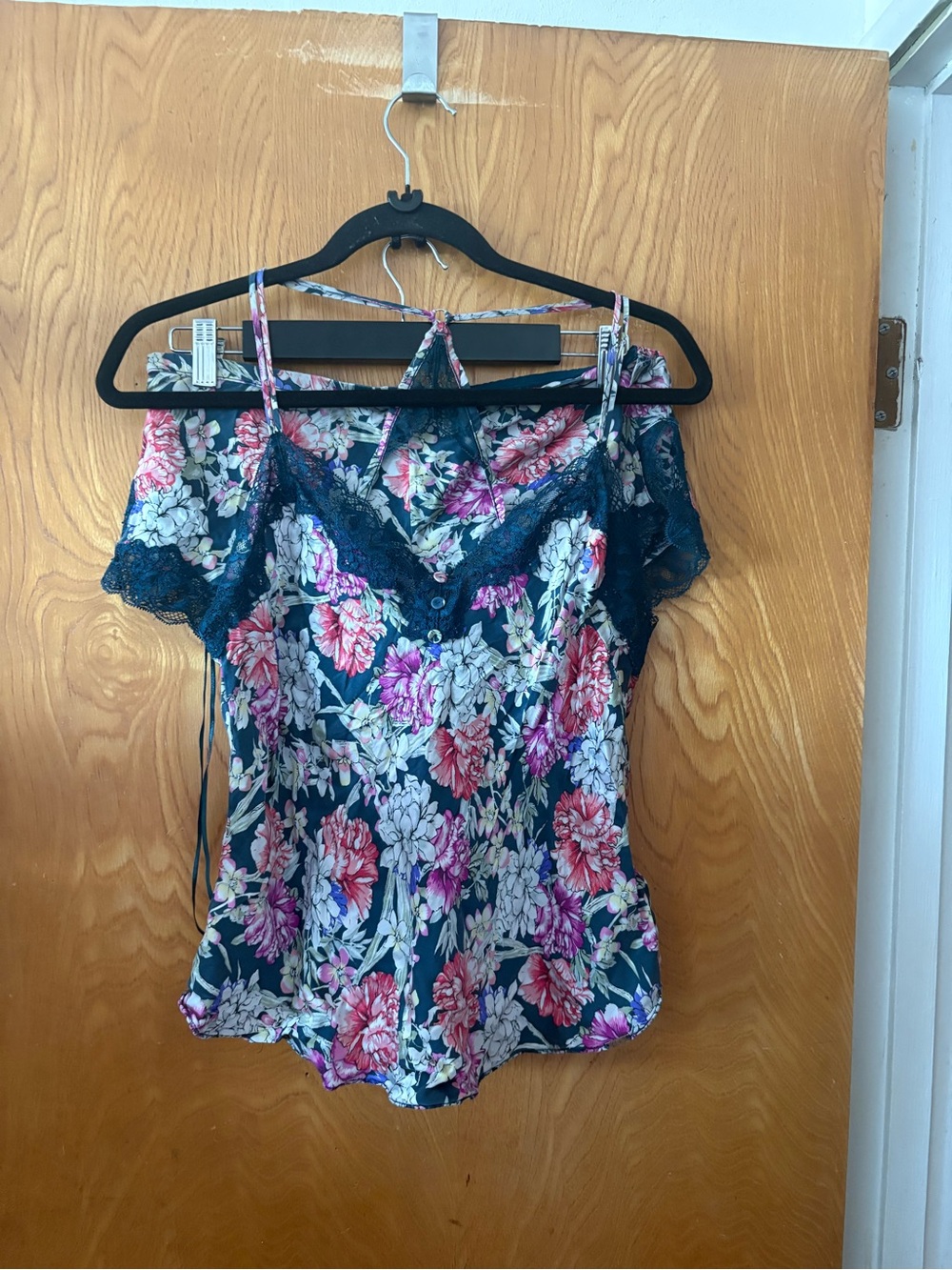 Autograph Floral Lace-Trim Off-Shoulder Women's Top - Navy Pink S
